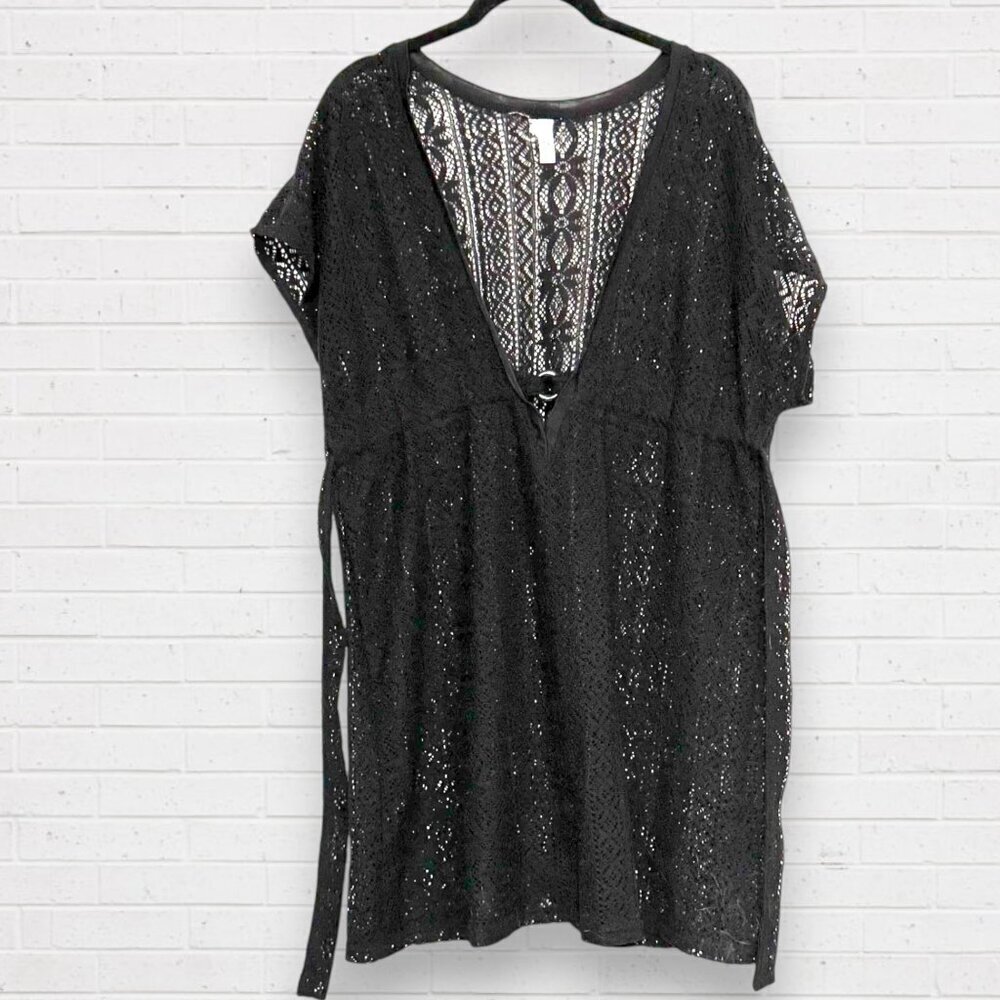 PROFILE by GOTTEX Black Open Lace V Neck O-Ring Swim Cover Up Dress M